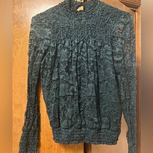 Cable & Gauge Lace Long Sleeve Top - Dark Green